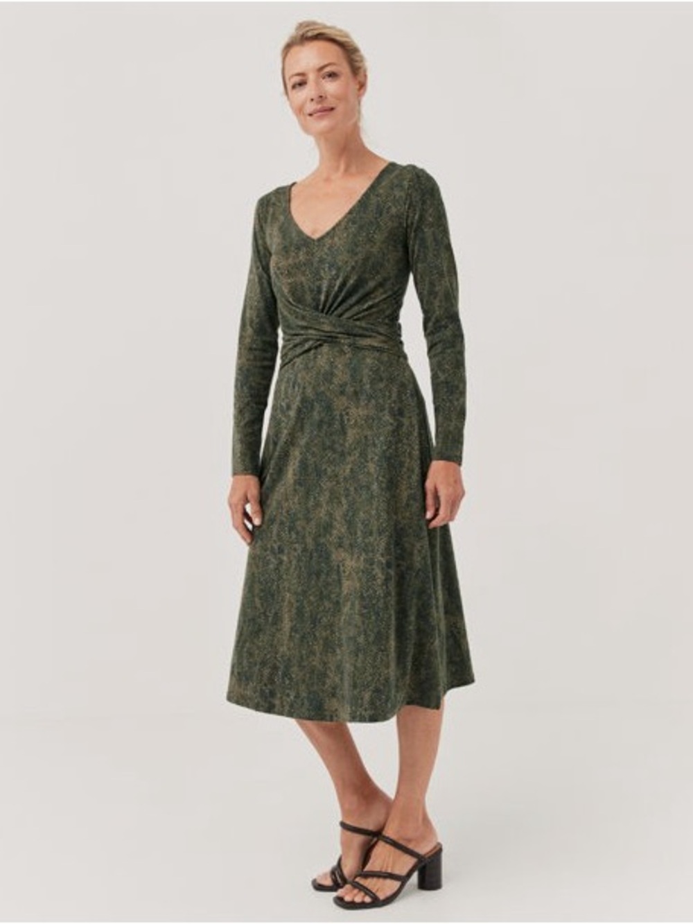 Pact‎ Organic Cotton Olive Green Long Sleeve Twist-Waist Revive  Dress Sz. L